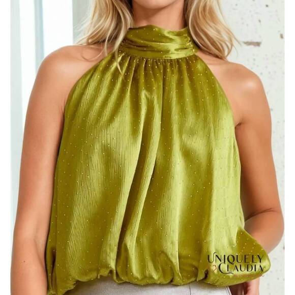 ENTRO Tops - NEW ENTRO carola embellished halter top in martini olive
